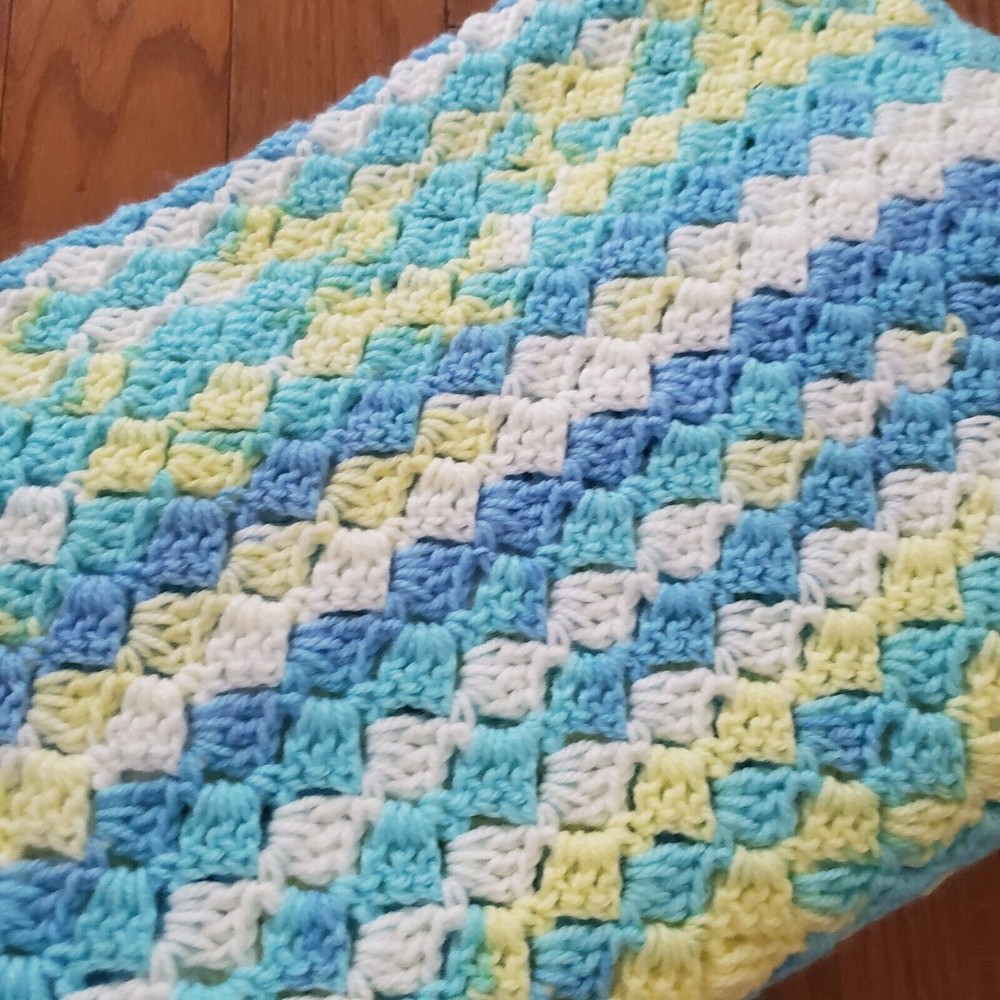 3/$18 Handmade Crocheted Baby Afghan Throw Blanket Blue Yellow White 38x34